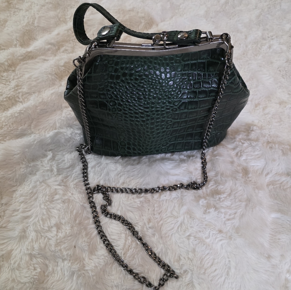 Patricia Nash Green Croc Embossed Leather Frame Bag Satchel